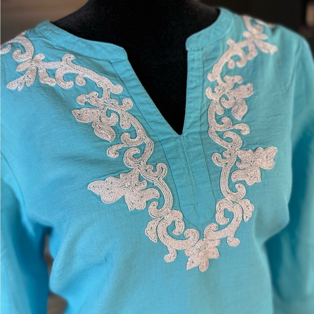 Chico's Turquoise Embroidered Blouse, Sleeveless Tunic and Gingham Pants Set - Picture 8 of 11